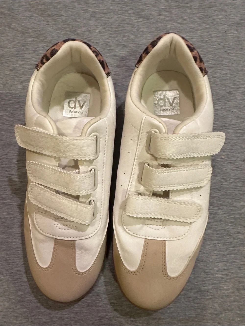 DV by Dolce Vita Cream and Tan Quick Sneakers with Leopard Heel